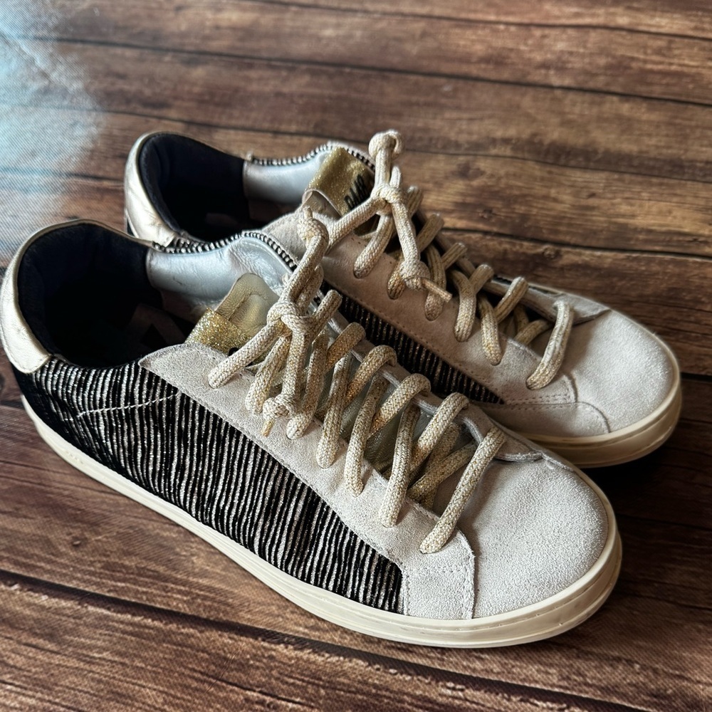 ⭐️ P448 Women’s Sneakers - Size 38 (US 8)  - Black/white Suede with Gold Accents
